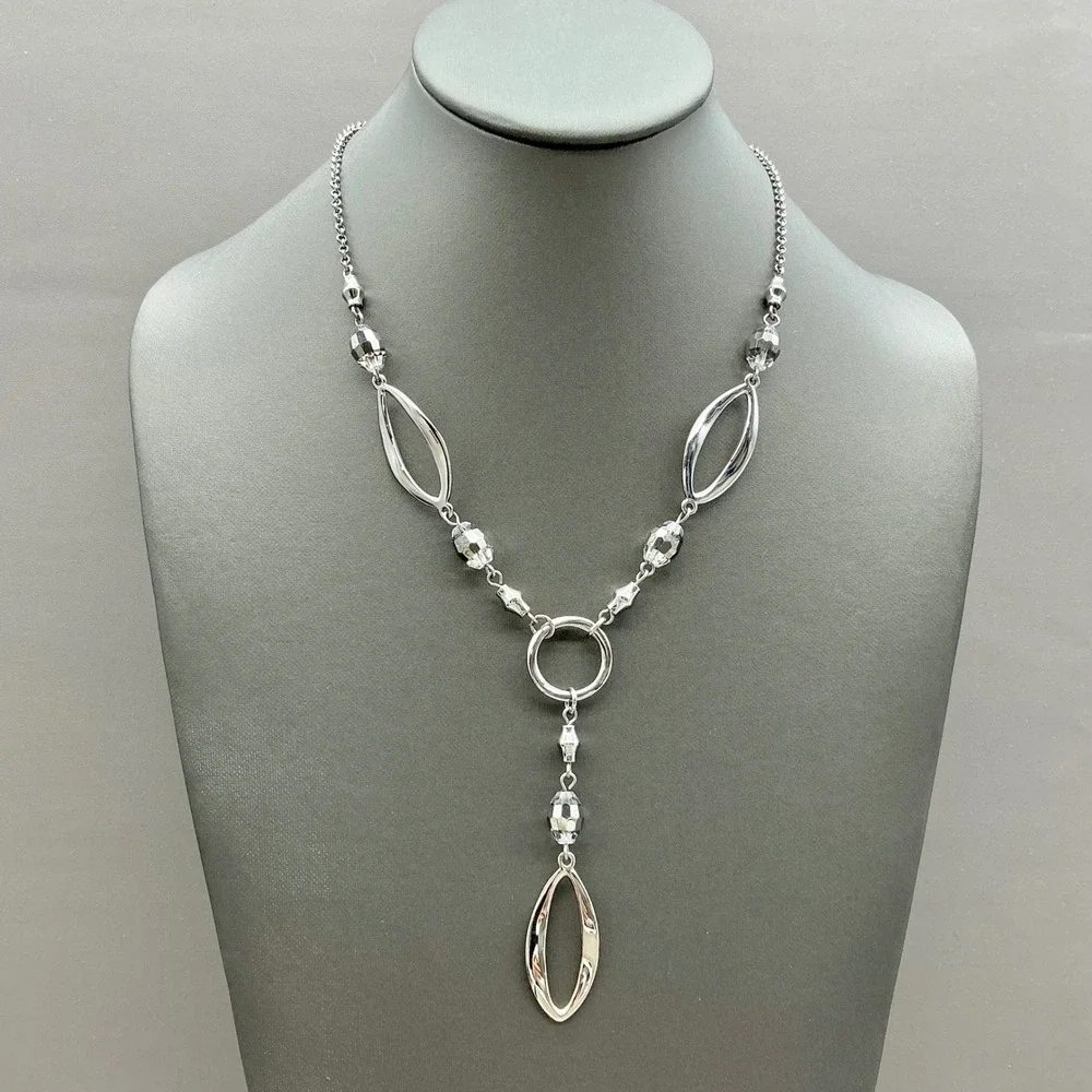 Lia Sophia Necklace Silver Tone Y Necklace Gray Faceted Beads Adjustable